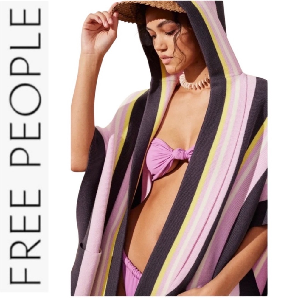 NWT Free People ‘All I Need’ Stripe Hooded Poncho One Size Thick Knit